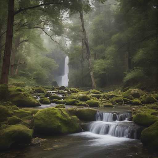 A serene, slightly misty forest scene with a cascading waterfall flowing over moss-covered rocks. The water is blurred in motion, creating a soft, ethereal effect. Lush green moss covers the rocks, and tall, slender trees frame the scene with a soft, diffused light filtering through the mist. The overall atmosphere is tranquil and peaceful, emphasizing the natural beauty of the forest.