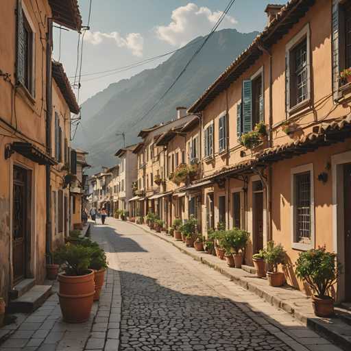 The image depicts a narrow cobblestone street in a European town, lined with old buildings featuring balconies and shutters. The street is flanked by potted plants on both sides, adding greenery to the scene. In the background, majestic mountains rise against the sky, creating a picturesque backdrop for the quaint town below.