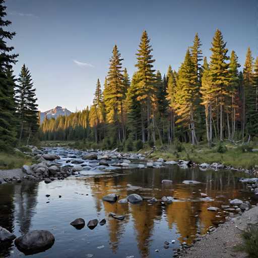 A serene, wide-angle photograph captures a tranquil river flowing through a lush, mountainous landscape. The scene is bathed in the warm, golden light of either sunrise or sunset, casting long shadows from the tall evergreen trees lining the riverbanks. 

The river's surface is a mix of calm, reflective pools and areas with gentle rapids, showcasing the interplay of light and shadow on the water's surface. Smooth, rounded rocks are scattered both within and along the riverbed, some partially submerged while others peek out. 

The towering evergreen trees stand tall on either side of the river, their dark green foliage contrasting with the golden light. The distant mountains are visible in the background, their peaks partially obscured by a soft haze. 

The overall atmosphere is one of peace and tranquility, with the gentle flow of water creating a soothing visual rhythm. The photograph's composition emphasizes the vastness and beauty of nature, inviting viewers to immerse themselves in the serene landscape.