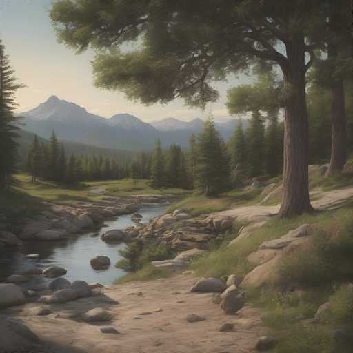 A serene, painterly landscape of a mountain valley with a flowing river. The scene is bathed in soft, warm light, suggesting either sunrise or sunset. 

The river winds through a valley flanked by lush green forests and rocky terrain. Tall, mature trees line the banks, their branches reaching towards a hazy mountain range in the distance. The water is clear and reflects the surrounding landscape, with smooth rocks visible beneath the surface. 

A winding path leads along the riverbank, inviting exploration. The overall mood is one of tranquility and natural beauty, with a sense of peace and solitude. 

The style should be reminiscent of a classic oil painting, with visible brushstrokes and a focus on atmospheric perspective. The color palette is muted yet vibrant, emphasizing the natural tones of green, brown, and blue.