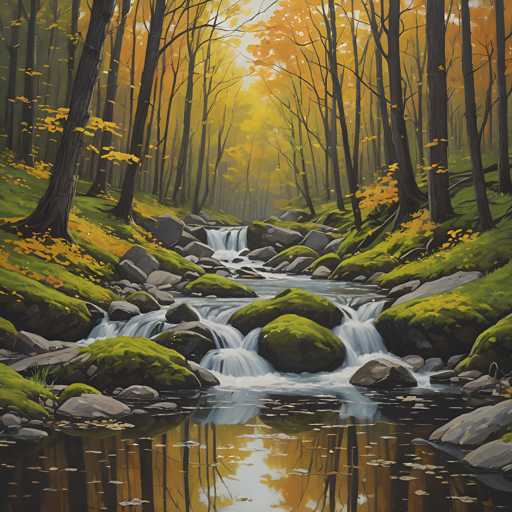 The image depicts a serene autumn forest scene with a small waterfall cascading down rocks into a river below. The trees surrounding the waterfall have yellow leaves, indicating that it is fall season. The artist's style is realistic and detailed, capturing the natural beauty of the landscape.