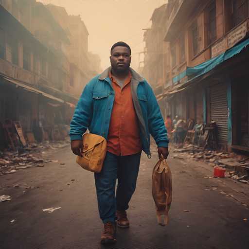 A man wearing an orange shirt and blue jacket is walking down a street carrying a brown bag on his shoulder while looking straight ahead.
