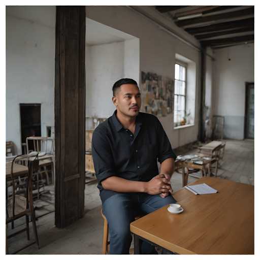 A man is seated at a wooden table with a white tablecloth and a cup of coffee on it. The room has a rustic charm, with exposed beams running along the ceiling and walls adorned with various paintings.