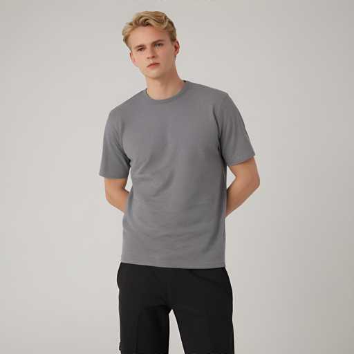 A young man is standing against a plain white background wearing a gray t-shirt and black pants.