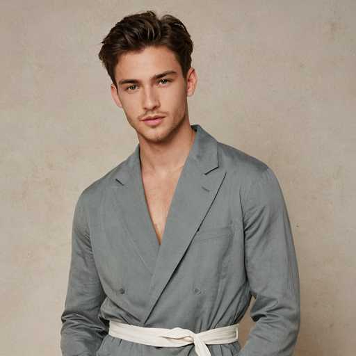 A young man is standing against a beige wall with his hands on his hips and looking directly at the camera. He is wearing a gray blazer over a white shirt and has a white belt around his waist.