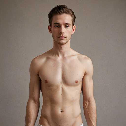 A man with fair skin and short, light brown hair is looking directly at the camera. He has a lean build with visible muscle definition in his chest and arms, suggesting a fit physique. His eyes are light-colored, possibly blue or green, and his expression is neutral yet direct. He's wearing a white garment at the waistline, possibly underwear or a low-waisted shirt. The background is a plain, muted gray wall, keeping the focus entirely on the man. The lighting appears soft and even, highlighting his physique without harsh shadows.