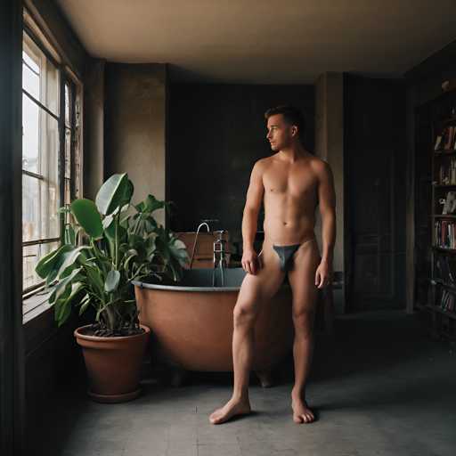 A man stands barefoot in a room with a brown bathtub and a large potted plant on the floor next to it. The room has a window that lets in natural light, creating an atmosphere of tranquility.