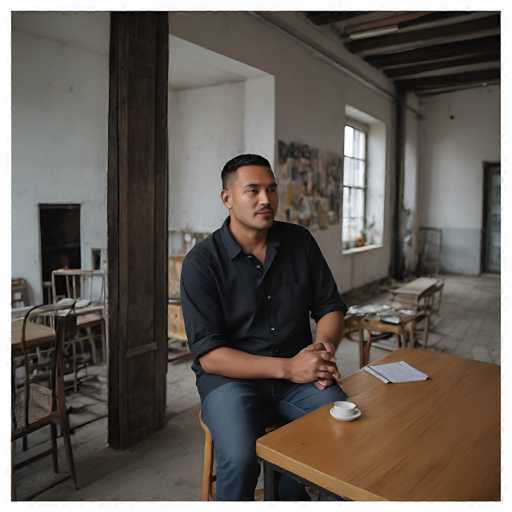 A man sits at a wooden table in a spacious, slightly worn room. He's wearing a dark button-down shirt and jeans, with his hands clasped on the table. His gaze is directed to the left of the frame, giving a thoughtful or contemplative expression. The room has a simple, industrial feel with exposed wooden beams on the ceiling and white walls. There are other chairs scattered around in the background, suggesting a workshop or studio setting. A cup of coffee and some papers are on the table in front of him, adding to the relaxed yet focused atmosphere. The lighting is soft and natural, highlighting the man's face and creating a calm ambiance.