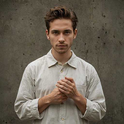 A young man with brown hair and a beard is standing against a gray concrete wall. He's dressed casually in a white shirt and has his hands clasped together in front of him.
