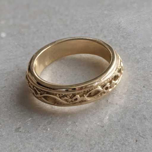 The image shows a gold ring with an intricate design on it. The ring is placed against a white background and appears to be the main focus of the image.