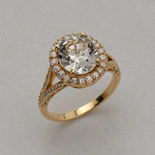 A gold ring with a large diamond at its center is shown against a white background. The ring has an intricate design and features two prongs on the left side of the band.