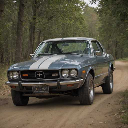 A vintage blue and white Ford Mustang with a license plate reading "1678-7881" is driving on a dirt road surrounded by trees.