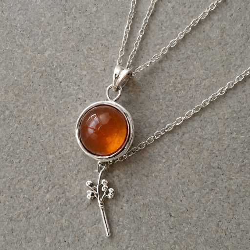 The image shows two necklaces resting on a gray surface. The necklace on the left is made of silver and features an orange gemstone pendant with a round shape and a small hole in its center. The necklace on the right has a silver chain and also includes an orange gemstone pendant, but it's slightly smaller than the one on the left. Both necklaces have a silver chain that extends from the top to the bottom of the image.