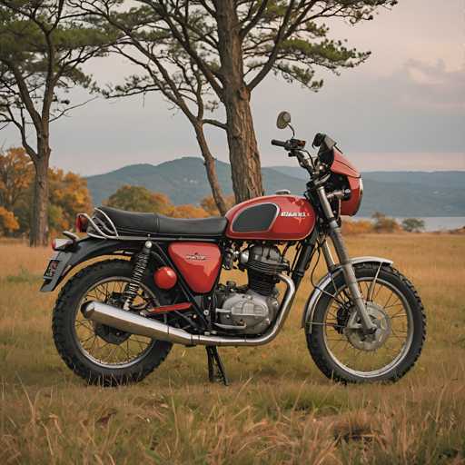 A red and black motorcycle is parked on a grassy field with tall grass surrounding it. The motorcycle has a black seat and handlebars, and the number "7" is visible on its side. In the background, there are trees and mountains that add to the natural beauty of the scene.