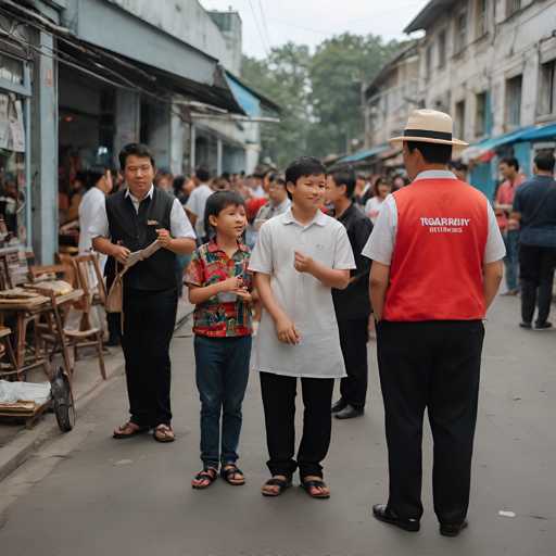 The image shows a group of people standing on a street lined with buildings and trees. In the foreground, there is a man wearing a red shirt and hat who appears to be directing traffic or giving directions. Behind him, two young boys are engaged in conversation, one holding an umbrella. Further back, another man can be seen walking away from the group of people.