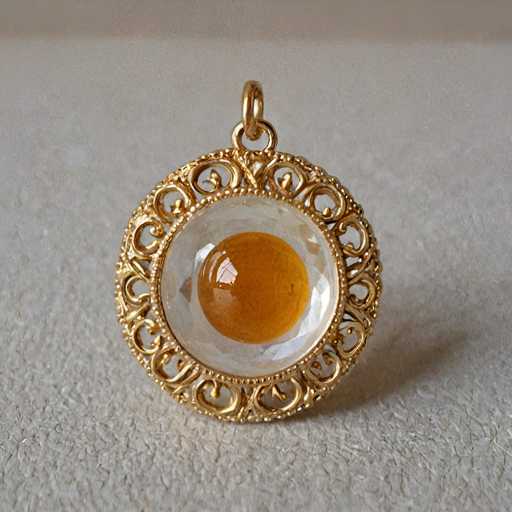 The image shows a round gold-colored pendant with an orange gemstone at its center. The pendant is set against a white background and features intricate gold filigree work around the edge of the circle.