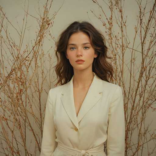 A young woman with long brown hair is standing against a white wall adorned with dry branches and twigs. She is dressed in a beige blazer over a white dress, which contrasts with the natural tones of her surroundings. The simplicity of the background allows the viewer to focus on the woman's face and expression.