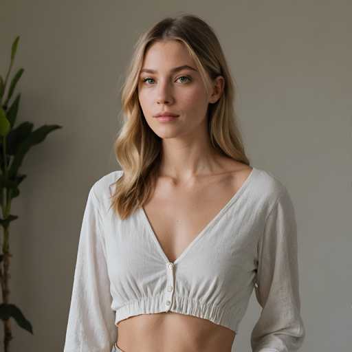 A young woman with blonde hair is standing against a plain white wall and wearing a white blouse that has a v-neckline and short sleeves. She is looking directly at the camera with an expression of concentration on her face.