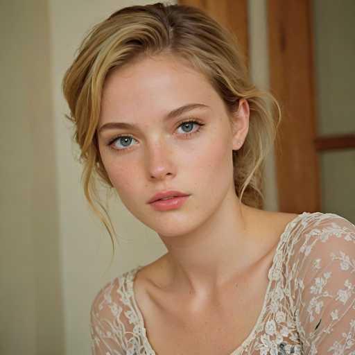 A young woman with blonde hair and blue eyes is captured in a close-up portrait against the backdrop of a white wall. She is wearing a white lace top that contrasts beautifully with her skin tone. The simplicity of the background allows the viewer to focus on her face and features, which are the main subjects of this image.