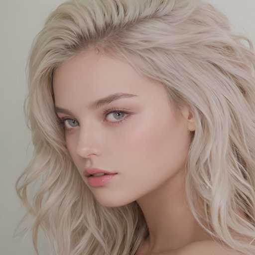 A close-up portrait of a young woman with long, wavy blonde hair. She has fair skin, light eyes, and subtle makeup. Her expression is soft and direct, looking slightly off-camera with a gentle gaze. The lighting is soft and even, highlighting her features without harsh shadows. The background is a plain, light gray or white, keeping the focus entirely on the woman's face and hair. The overall style is natural and elegant, emphasizing a serene and beautiful aesthetic.