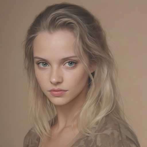 A woman with blonde hair is the central figure in this image. She has a serious expression on her face and is looking directly at the camera. The background of the image is a light beige color that contrasts with the woman's blonde hair. There are no other objects or people visible in the image, making it a simple and uncluttered composition.