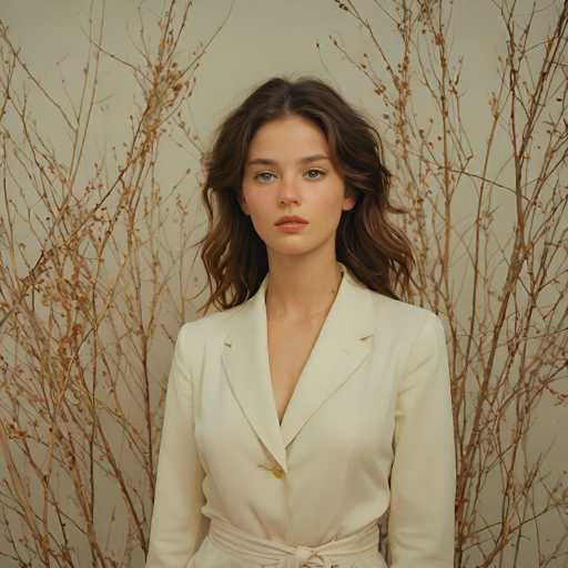 A young woman with long, wavy brown hair and light skin is looking directly at the viewer. She's wearing a cream-colored blazer with a tie belt and a subtle, open neckline. The background is a textured beige wall adorned with dried branches in muted brown and orange tones, creating a soft, slightly rustic backdrop. The lighting is soft and even, highlighting her features without harsh shadows. Her expression is serene and direct, drawing the viewer's attention to her gaze. The overall style of the image is clean and modern, with a focus on natural textures and a minimalist aesthetic.