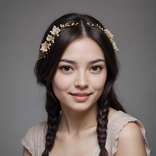 A young woman with long dark hair is the central figure in this image. She is wearing a white dress and has her hair styled into two braids that fall over her shoulders. The background of the image is a plain gray color, which contrasts nicely with the woman's attire and highlights her as the main subject of the photograph.

The woman appears to be smiling at the camera, giving off an air of confidence and joy. Her gaze is directed straight at the viewer, creating a sense of connection between them. The simplicity of the background further emphasizes the woman and her presence in the image.
