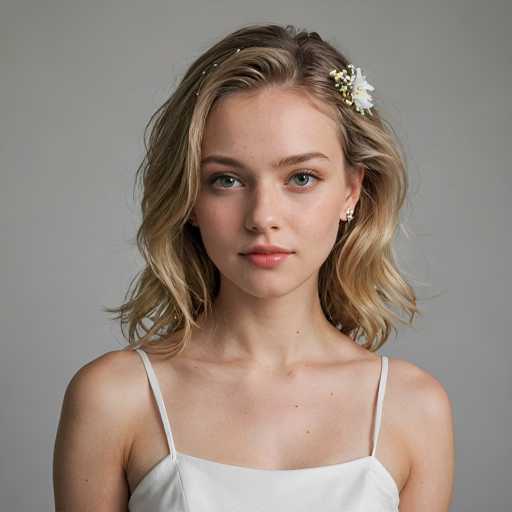 A young woman with blonde hair is captured in a close-up portrait against a gray background. She is wearing a white dress that contrasts with the muted tones of her surroundings. The simplicity of the image focuses on her face and upper body, highlighting her features without any distractions from other elements in the scene.