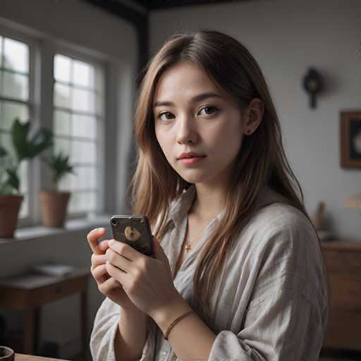 A young woman with long, light brown hair is holding a smartphone in her hands and looking directly at the viewer. She's wearing a light-colored, slightly sheer shirt with long sleeves and a delicate gold necklace. Her expression is soft and engaging, her eyes are dark and expressive, and she has a subtle hint of a smile. The background is softly blurred, suggesting an indoor setting with a window and some plants visible in the distance. The lighting is soft and natural, highlighting her features and creating a gentle atmosphere. Her hands are gently holding the phone, with one hand slightly overlapping the other. The focus is sharp on her face and hands, drawing attention to her expression and the phone in her grasp.