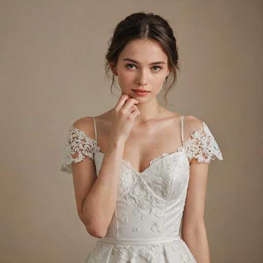 A woman is captured in a moment of deep thought or contemplation, her gaze directed off to the side with her hand resting on her chin. She is wearing a white wedding dress adorned with lace sleeves and a corset, suggesting she may be attending an event such as a wedding or other formal occasion. The image is taken from a low angle, which emphasizes the woman's stature and adds depth to the scene.