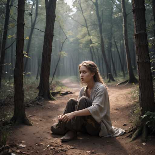 A young woman with long, flowing blonde hair sits on a dirt path in a dense forest. She is wearing a light gray, loose-fitting tunic and brown pants, with her legs crossed in front of her. Her expression is pensive as she looks off to the left, gazing into the misty depths of the forest. The background is softly blurred, creating a sense of depth and mystery. Sunlight filters through the trees, casting dappled shadows on the path. The overall mood is serene and contemplative.