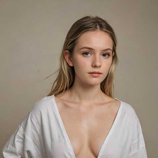A young woman with blonde hair is captured in a close-up portrait against a plain beige background. She is dressed in a white blouse that contrasts with her fair skin tone and has her shoulders slightly hunched forward. The simplicity of the background allows the viewer to focus on her face, which is the main subject of the image.