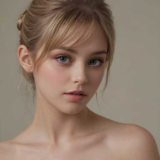 A close-up portrait of a young woman with fair skin, light blonde hair styled in an elegant updo, and captivating green eyes. She has a soft, delicate makeup look with rosy cheeks and subtle pink lips. Her expression is serene and direct, looking straight at the viewer. The lighting is soft and even, highlighting her features and creating a gentle, intimate atmosphere.