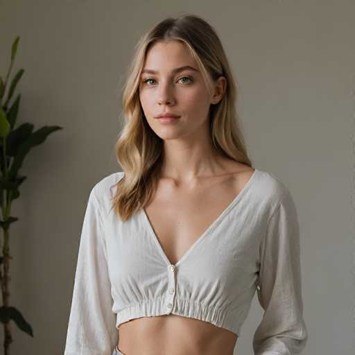 A young woman with long, wavy blonde hair and light skin is looking directly at the camera. She's wearing a white, cropped, long-sleeved top with a V-neck and button detailing. The top is made of a light, textured fabric. Her expression is neutral and her gaze is direct. The background is a plain, light beige wall with a potted plant visible to the left. The lighting is soft and natural, highlighting her features.