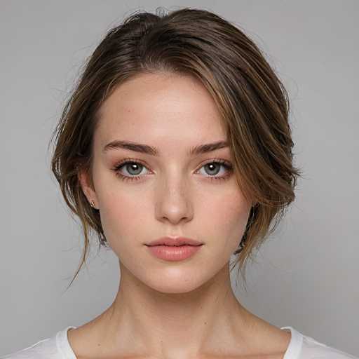 A close-up portrait of a young woman with fair skin and light brown hair, wearing a simple white t-shirt. She has striking green eyes and a neutral expression, looking directly at the camera. The lighting is soft and even, highlighting her features. Her hair is styled in a slightly messy, shoulder-length cut with subtle highlights. She has delicate, small hoop earrings. The background is a plain, light gray color, keeping the focus entirely on her face.