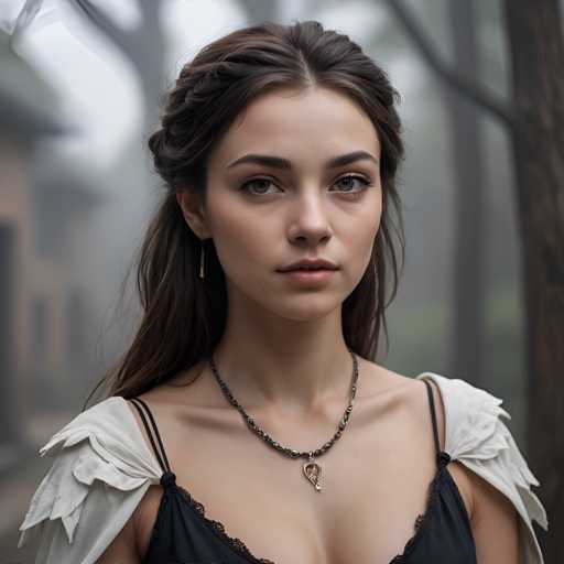 A young woman with long brown hair is captured from a close-up angle against the backdrop of a foggy forest. She wears a black dress and has a necklace featuring a pendant in shades of blue and green around her neck. The image does not contain any discernible text or other objects, and there are no actions taking place.