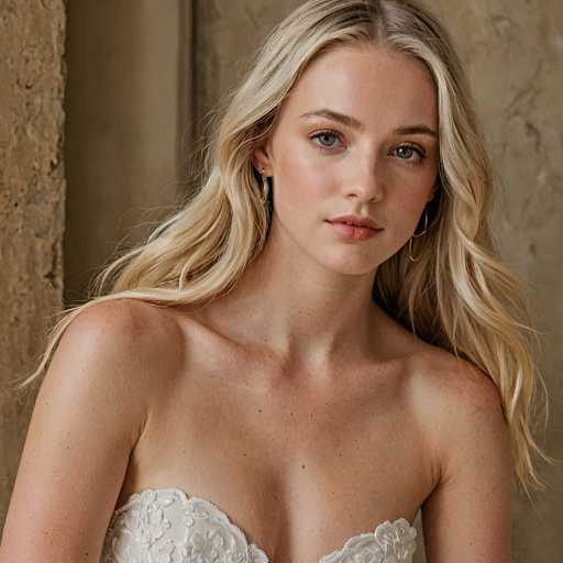 A woman with blonde hair and blue eyes is captured in a close-up portrait against the backdrop of a stone wall. She is wearing a white strapless dress adorned with lace detailing on the bodice. The stone wall behind her adds an element of rustic charm to the scene, while she gazes directly into the camera.