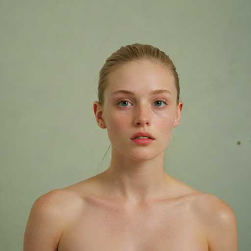 A close-up portrait of a young woman with fair skin, freckles, and light blue eyes. She has blonde hair pulled back in a low ponytail and is wearing no clothing, showing her shoulders and chest. Her expression is direct and serene, looking straight at the camera with a slightly serious gaze. The background is a plain, muted green wall. The lighting is soft and even, highlighting her features without harsh shadows.