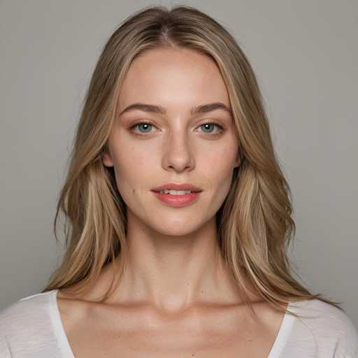 A young woman with blonde hair is captured in a portrait photograph against a plain gray background. She is looking directly at the camera and has a neutral expression on her face. The simplicity of the background allows the focus to remain on her features and expression.