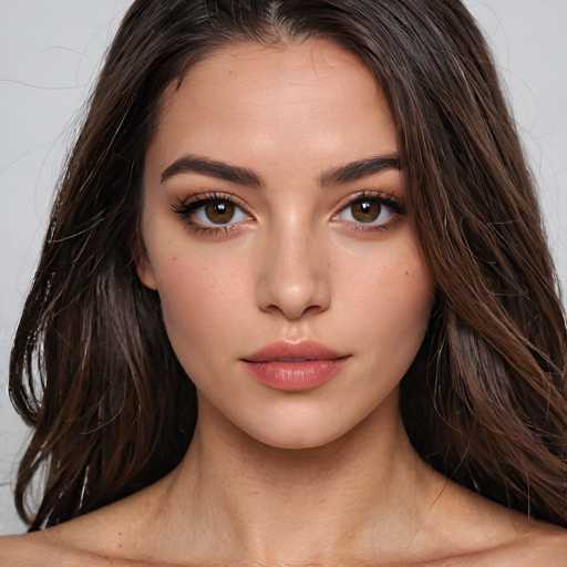 A close-up, full-body portrait of a young woman with long, wavy brown hair and light skin. She is looking directly at the camera with a soft, neutral expression. Her makeup is subtle, enhancing her natural features. The lighting is even and bright, highlighting her facial features. She has large, expressive brown eyes with long eyelashes, full lips, and a delicate nose. The background is a plain white, which keeps the focus on her face. Her hair falls around her shoulders and chest, with a few strands framing her face. She is wearing nothing on her upper body. The overall impression is one of natural beauty and simplicity.