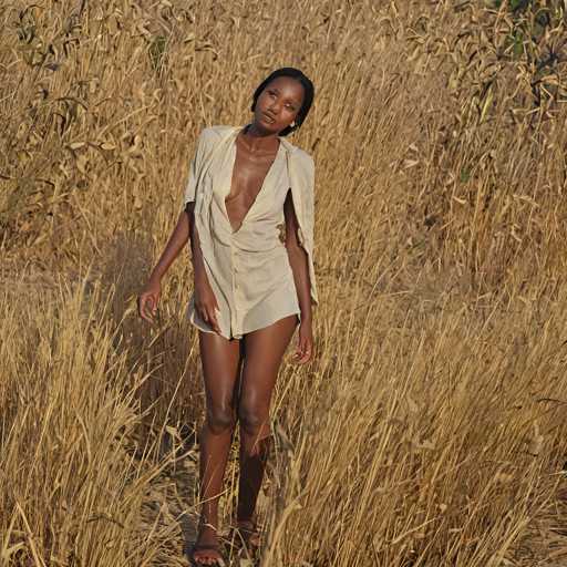 A woman is walking through tall grass in a field, wearing a white dress and barefoot.
