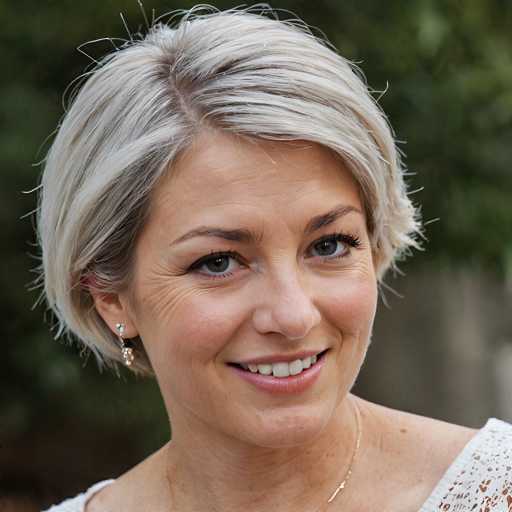 A woman with short blonde hair and a white top is smiling at the camera. She has blue eyes and is wearing earrings. The background features green leaves on trees.