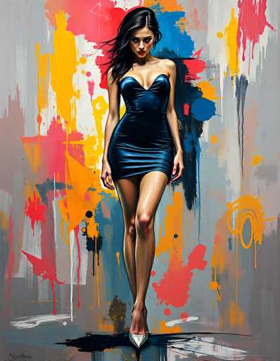 The image depicts a highly detailed, computer-generated painting of a woman standing in front of a gray wall adorned with vibrant, abstract splashes of paint in red, yellow, blue, and orange. The woman, who has long, dark black hair that cascades over her right shoulder, is wearing a form-fitting, dark blue dress that accentuates her curvy figure. The dress, which is sleeveless and strapless, ends just above her knees, revealing her bare legs. She is also wearing silver high heels. Her head is tilted downward, and she gazes directly at the viewer with a serious expression. The floor beneath her is a dark gray, and the overall composition of the painting is rectangular, with the left and right sides twice as long as the top and bottom sides.