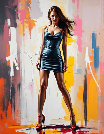 The image portrays a young woman, likely in her early 20s, with long, flowing brown hair that cascades down to her chest. She is dressed in a tight-fitting, dark blue dress that accentuates her figure, ending just above her knees. The dress features thin straps over her shoulders and a low neckline that reveals a hint of cleavage. She is wearing red high heels with ankle straps, and her legs are slightly apart as she stands. Her expression is serious, with her gaze directed straight at the camera, giving the impression of a model in a photo shoot. The background is a vibrant, abstract painting with splashes of various colors, including orange, yellow, pink, blue, white, and black, creating a dynamic and colorful setting that contrasts with her poised demeanor.