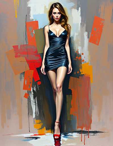 The image depicts a young woman, likely in her early 20s, standing against a vibrant, abstract background. She has long, wavy brown hair that cascades over her right shoulder, and she wears large hoop earrings. Her attire consists of a tight-fitting, black satin dress with thin straps and a high slit that reveals her left leg. The dress accentuates her figure, particularly her chest and legs. She completes her outfit with red high-heeled shoes that feature ankle straps. The background is a dynamic mix of colors, including shades of gray, orange, red, blue, and white, with paint splatters and drips that add to the artistic, almost surreal quality of the scene. The woman gazes directly at the camera, exuding confidence and poise.