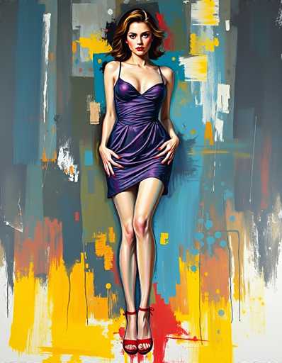 The image is a detailed, computer-generated painting of a young woman, likely in her early 20s, with a fair complexion and brown hair that falls just past her shoulders. She has striking red lipstick and is wearing a purple dress with thin straps that accentuates her figure, particularly highlighting her large breasts and long legs. The dress is short, ending just above her knees, and she pairs it with red high-heeled shoes that have ankle straps. The woman is posed with her hands on her hips, looking directly at the viewer with a serious expression. The background is an abstract, colorful mural featuring a mix of blue, yellow, red, white, and gray hues, with splashes and streaks of paint that create a dynamic and vibrant setting. The overall composition gives the impression of a stylish, possibly album cover-like image.