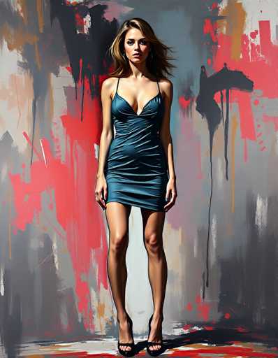 The image depicts a young woman, likely in her early 20s, standing against a vibrant, abstract background. She has long, wavy brown hair that falls just past her shoulders and is wearing hoop earrings. Her attire consists of a tight, dark blue dress with thin straps and a deep V-neckline that reveals some cleavage. The dress, which appears to be made of a satin-like material, ends just above her knees, showcasing her bare legs. She is wearing black high heels with straps across the top of her feet. The background is a dynamic mix of colors, including shades of gray, black, red, pink, orange, and white, with paint splatters and drips creating an artistic, almost chaotic effect. The woman stands confidently, looking directly at the camera, with her arms hanging naturally at her sides.