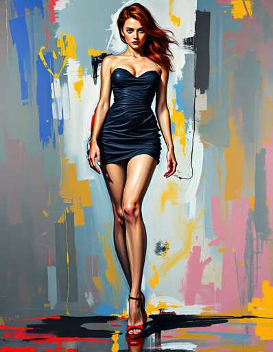 A woman with red hair and a strapless black dress is standing on a gray floor against an abstract background of blue, yellow, pink, and white colors.