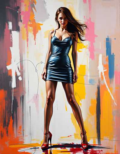 A woman is standing against an abstract background featuring a mix of pink and orange colors with white lines and dots. She is wearing a blue dress that contrasts with the vibrant backdrop. The woman's pose suggests she is posing for the photo.