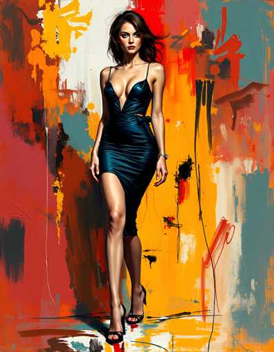 The image portrays a striking, AI-generated woman with long, dark brown hair that appears to be gently blown by the wind. She is dressed in a sleek, dark blue dress that accentuates her figure, featuring thin straps over her shoulders and a daring V-neckline that extends down to her belly button. The dress is form-fitting, hugging her curves and revealing her left leg while covering her right. Her ensemble is completed with black high heels and a silver watch on her left wrist. She stands against a vibrant, abstract background filled with dynamic splashes of red, yellow, orange, blue, and white, creating a visually captivating contrast. The woman gazes directly at the viewer with a serious expression, her lips painted a bold red, adding to the overall intensity and allure of the image.